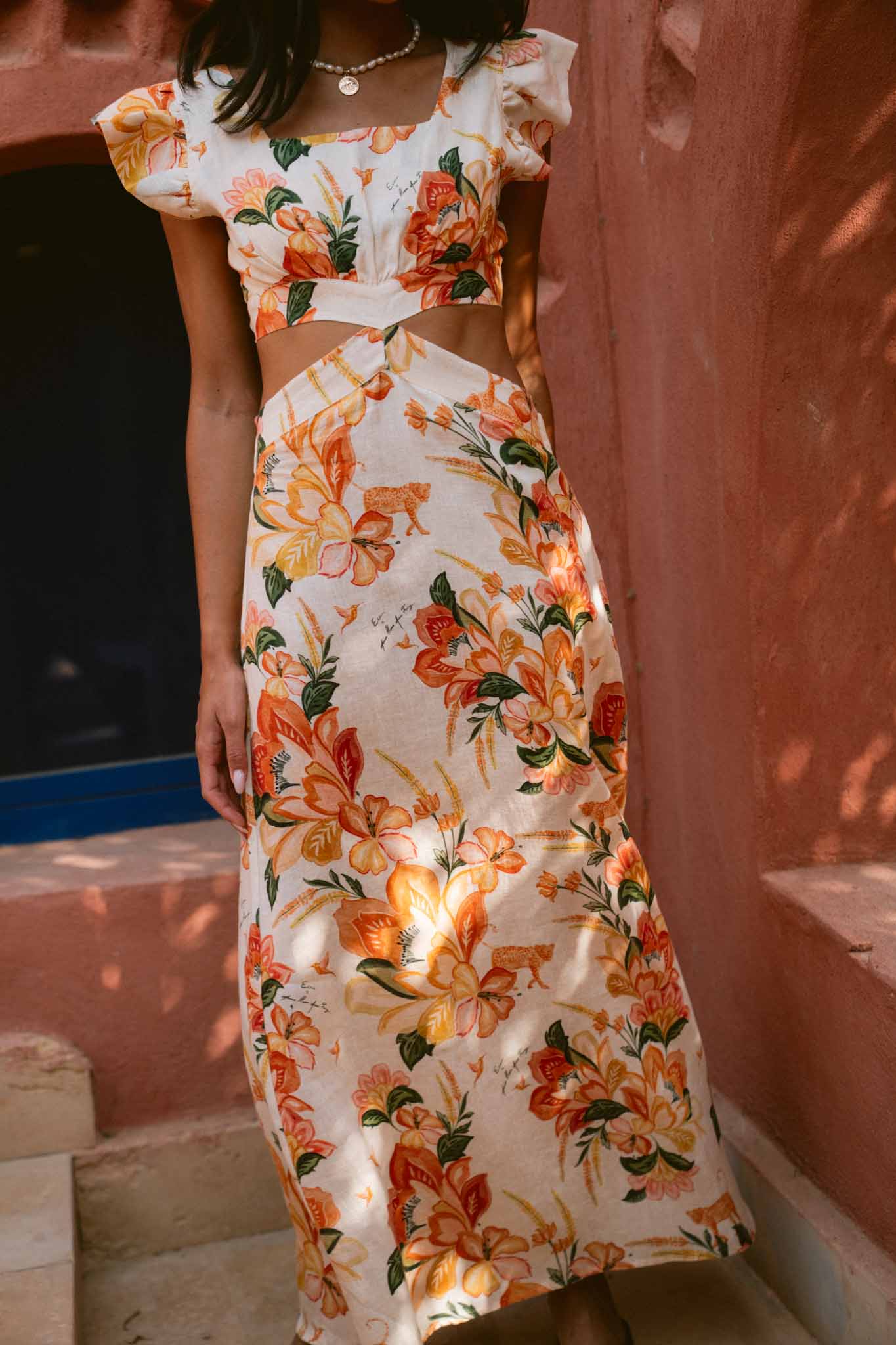 The Palm Poésie Cutout Bow Back Linen Dress