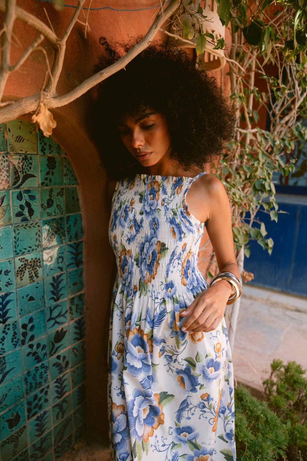 Blue Peony Smocked Bodice Dress
