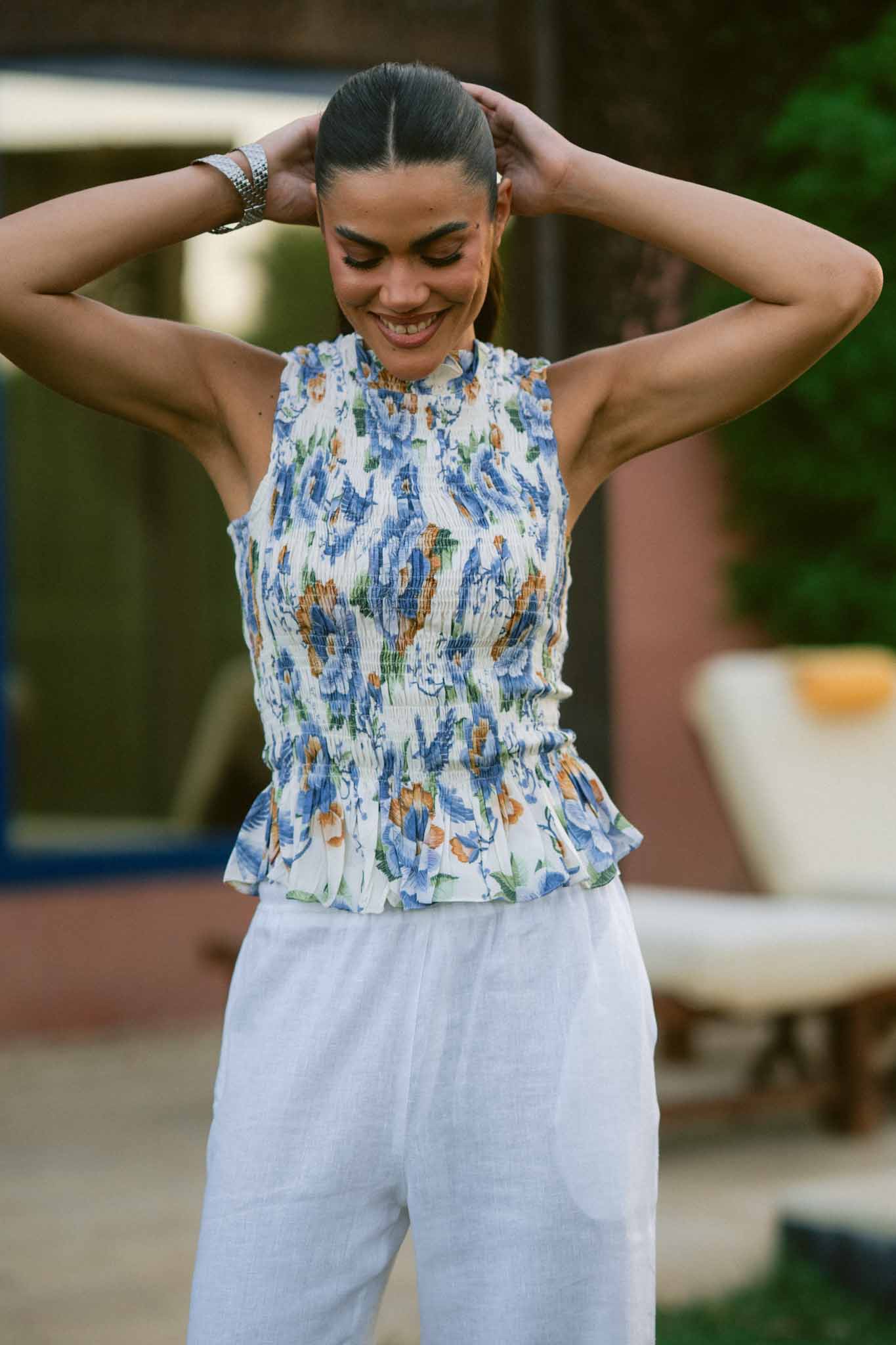 Blue Peony Smocked Top
