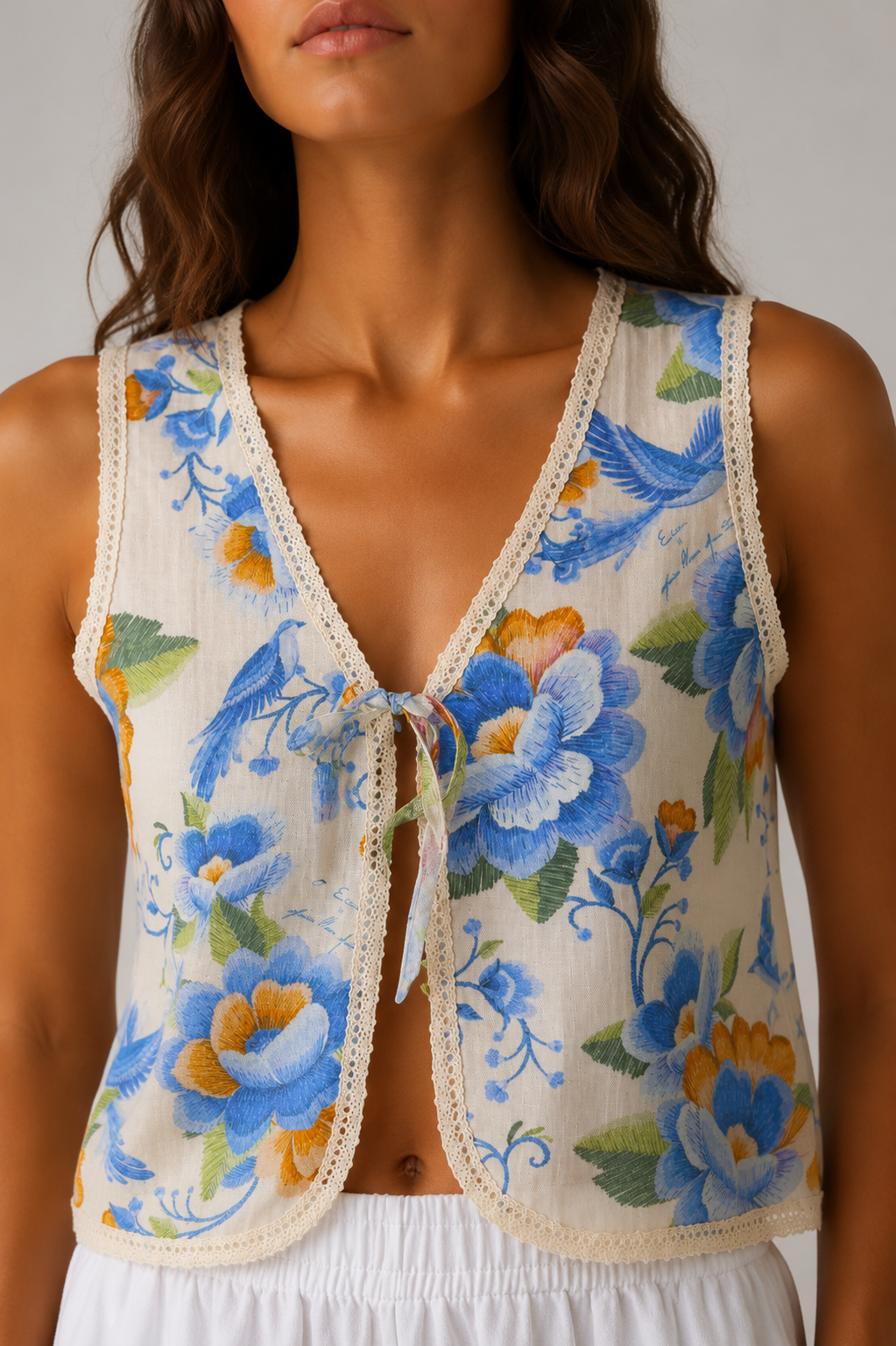 Blue Peony Lace Trim Vest