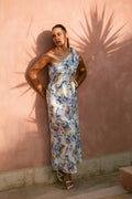 Blue Peony One-Shoulder Tie Linen Dress