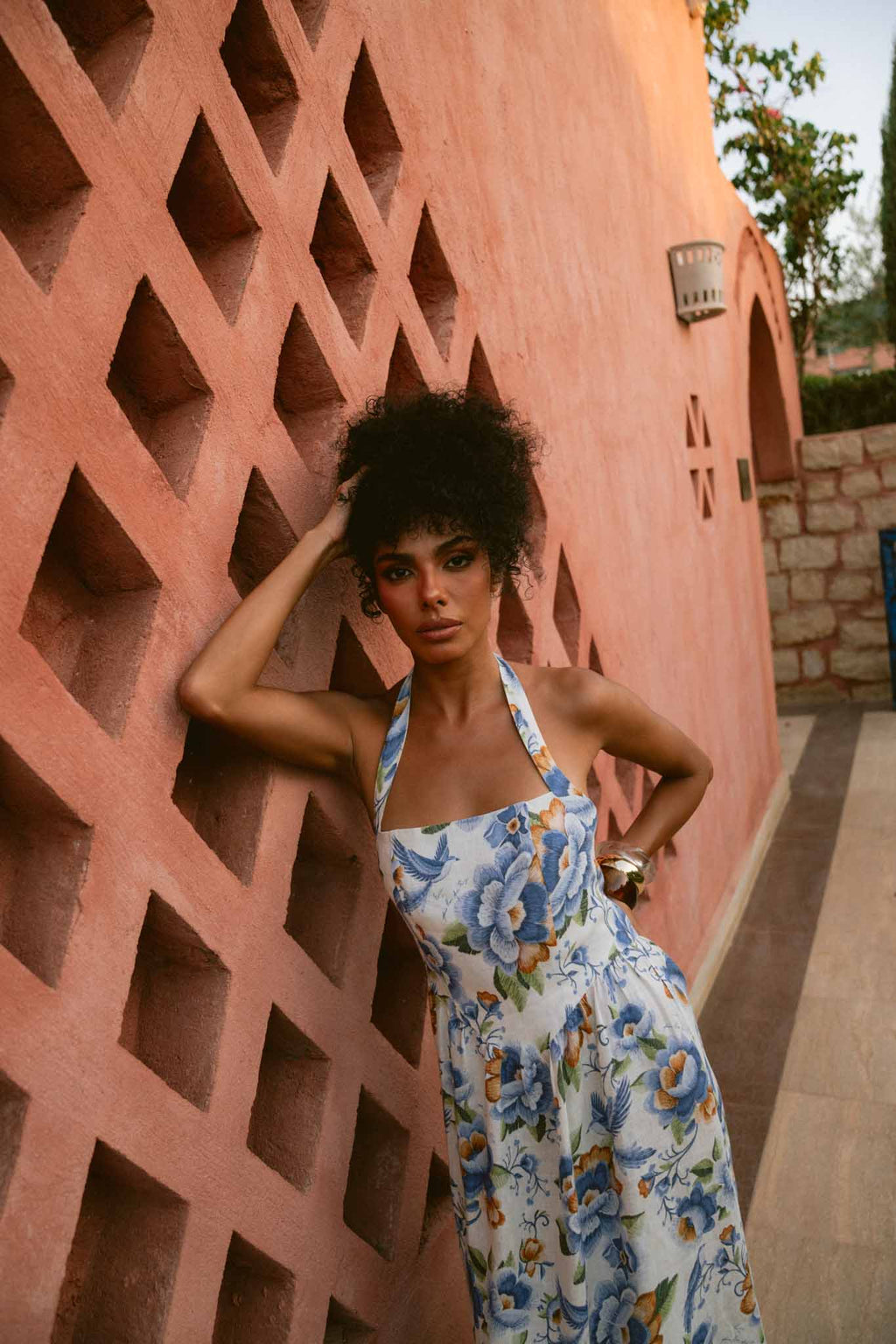 Blue Peony Halter Neck Linen Dress