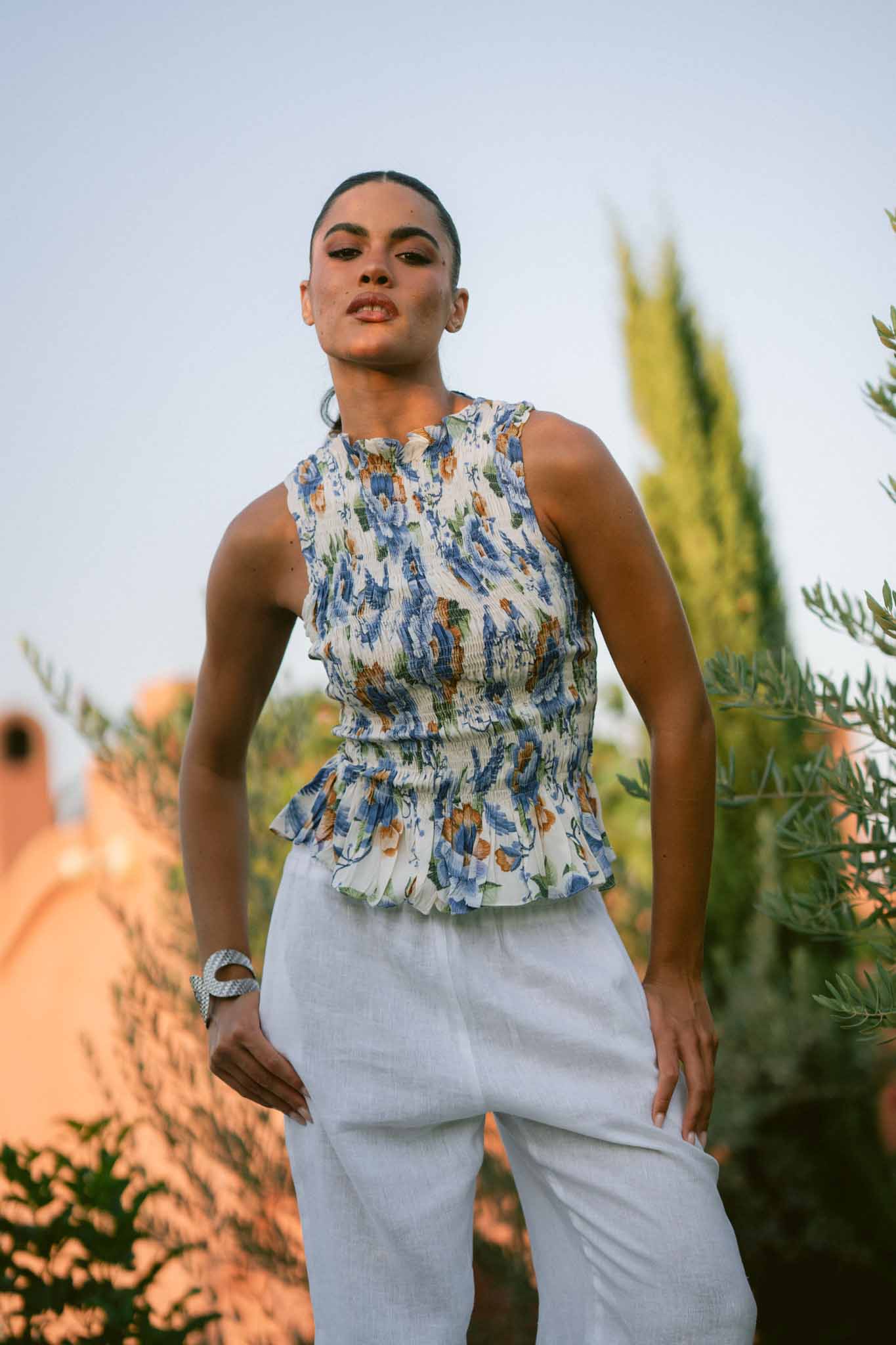 Blue Peony Smocked Top