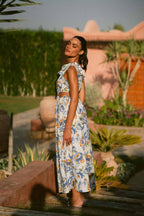 Blue Peony One-Shoulder Tie Linen Dress