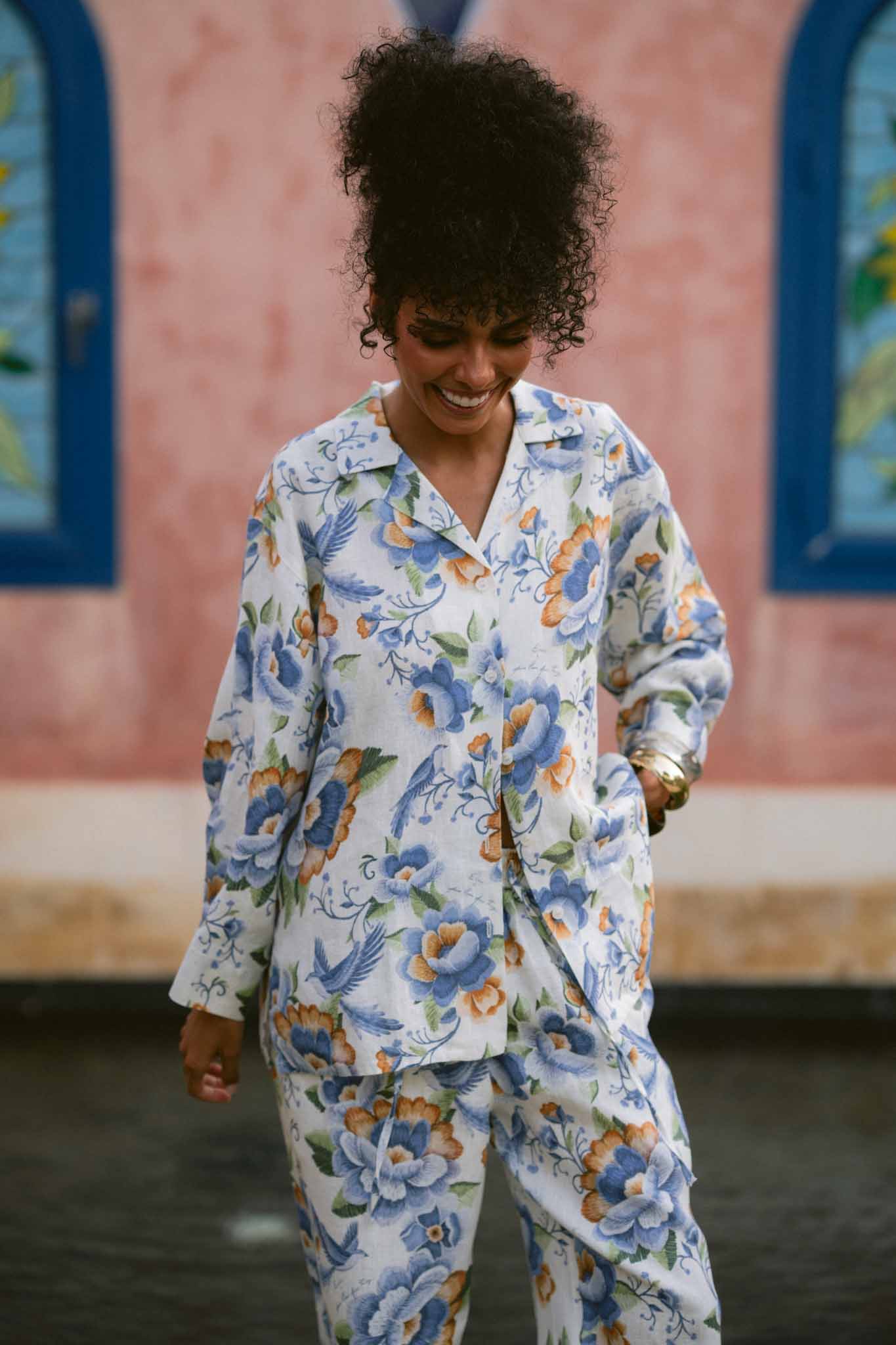 Blue Peony Linen Shirt