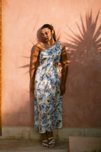 Blue Peony One-Shoulder Tie Linen Dress