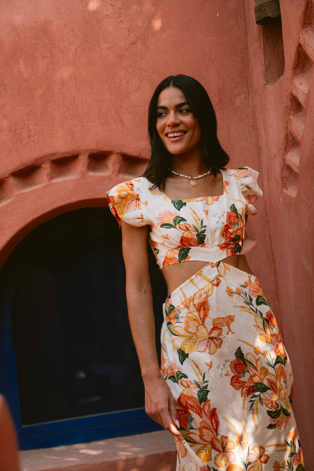 The Palm Poésie Cutout Bow Back Linen Dress