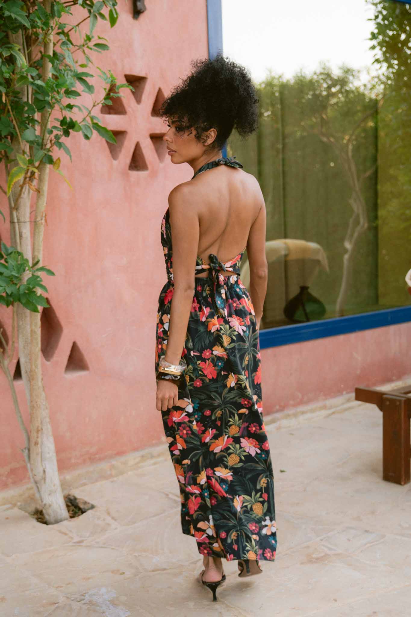 Toucan Tropics Deep V Halter Poplin Dress