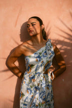 Blue Peony One-Shoulder Tie Linen Dress