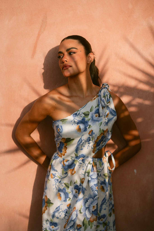 Blue Peony One-Shoulder Tie Linen Dress