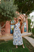 Blue Peony One-Shoulder Tie Linen Dress