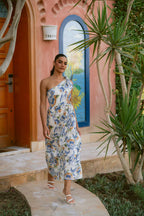 Blue Peony One-Shoulder Tie Linen Dress