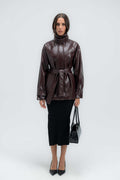 High-Collar Belted Short Leather Coat