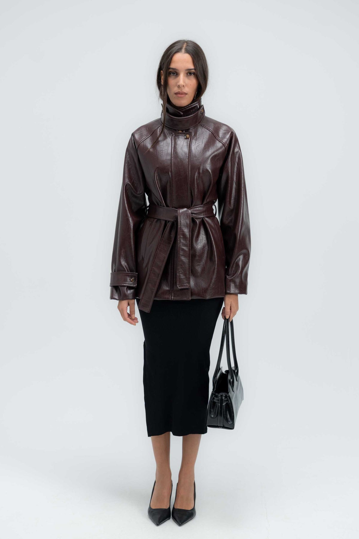High-Collar Belted Short Leather Coat
