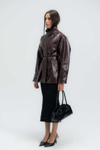 High-Collar Belted Short Leather Coat
