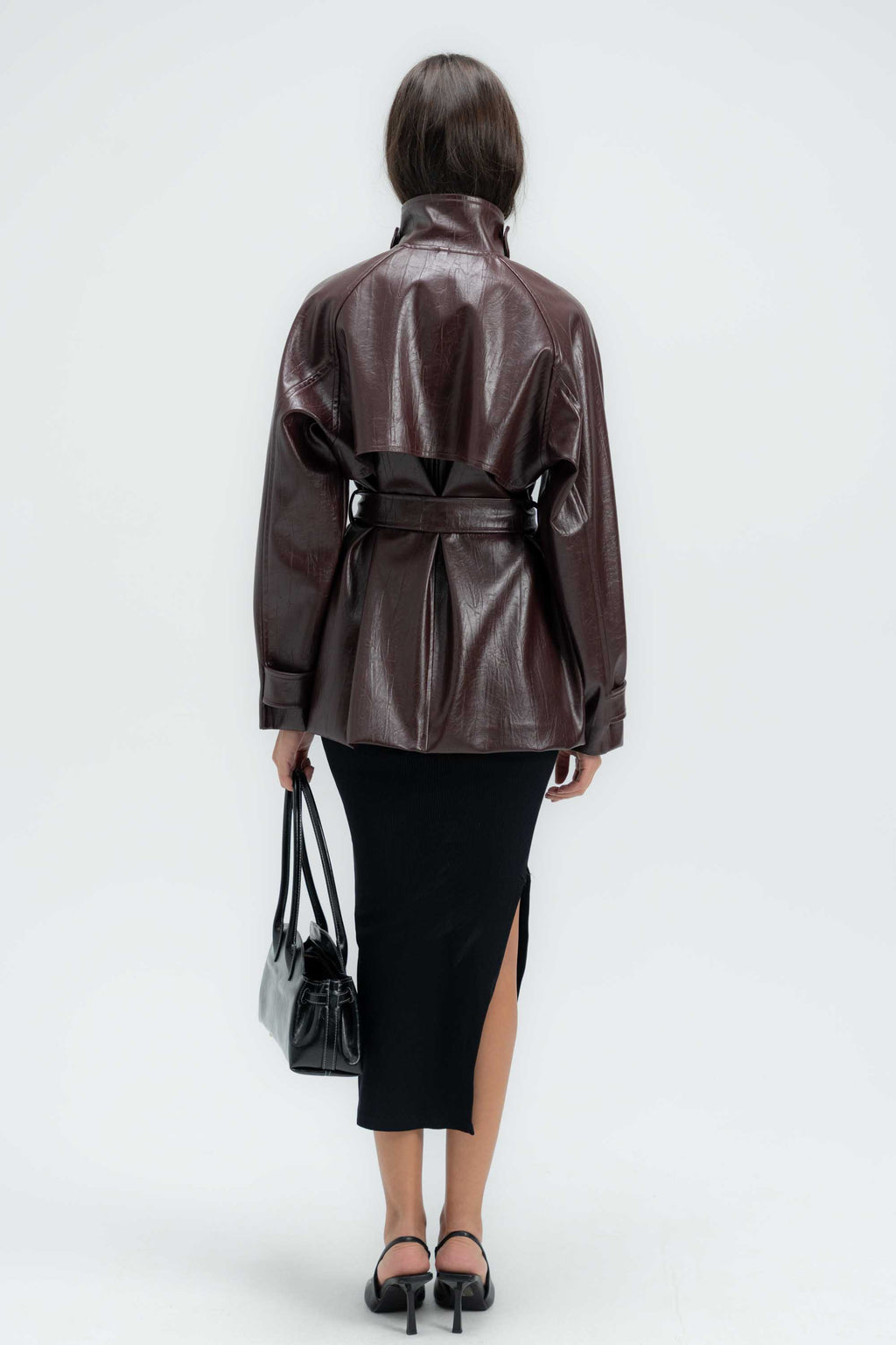 High-Collar Belted Short Leather Coat