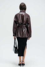 High-Collar Belted Short Leather Coat