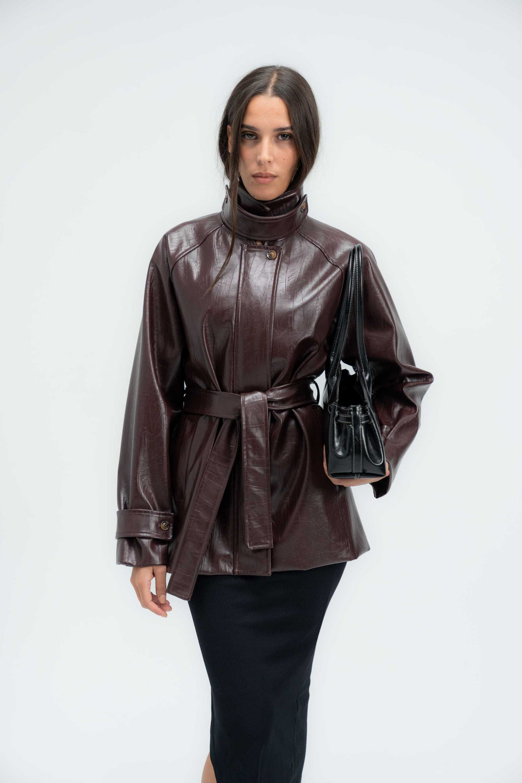 High-Collar Belted Short Leather Coat