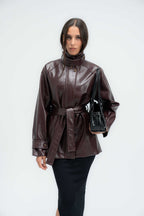 High-Collar Belted Short Leather Coat