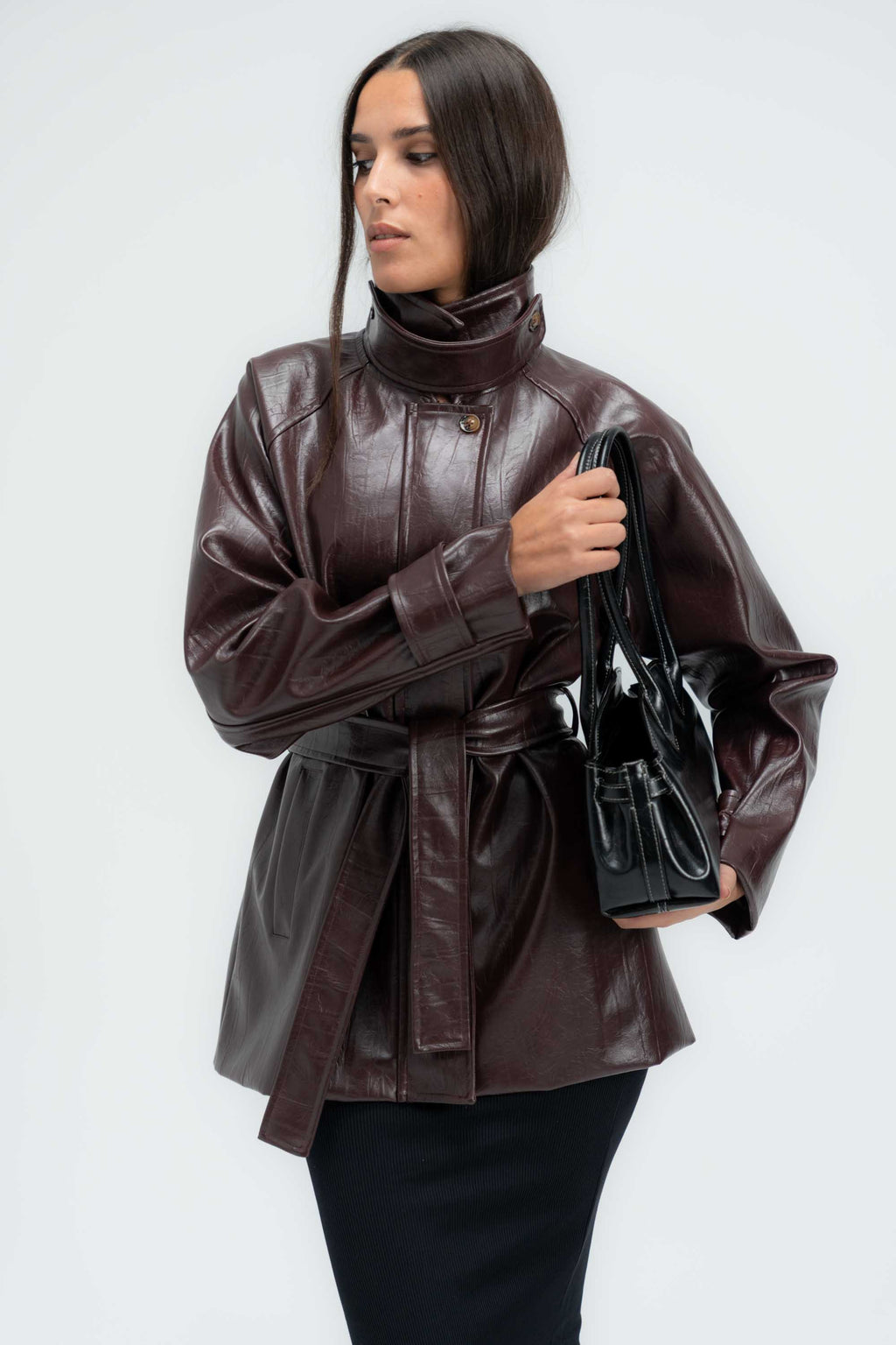 High-Collar Belted Short Leather Coat