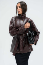 High-Collar Belted Short Leather Coat