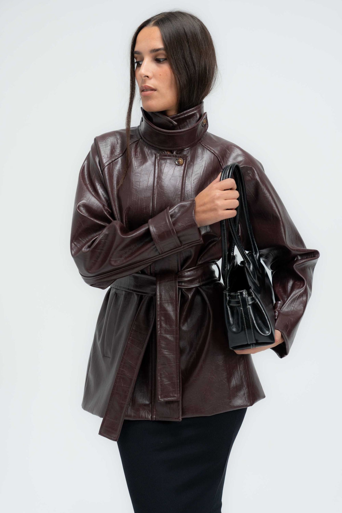 High-Collar Belted Short Leather Coat