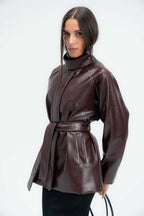 High-Collar Belted Short Leather Coat