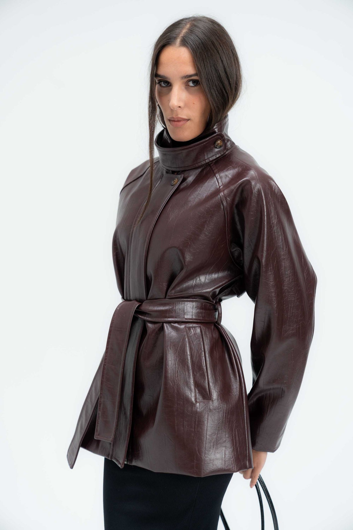 High-Collar Belted Short Leather Coat