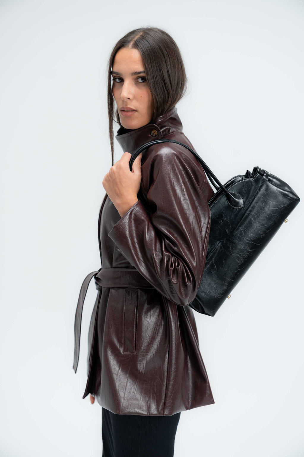 High-Collar Belted Short Leather Coat