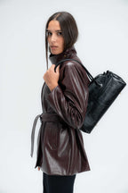 High-Collar Belted Short Leather Coat