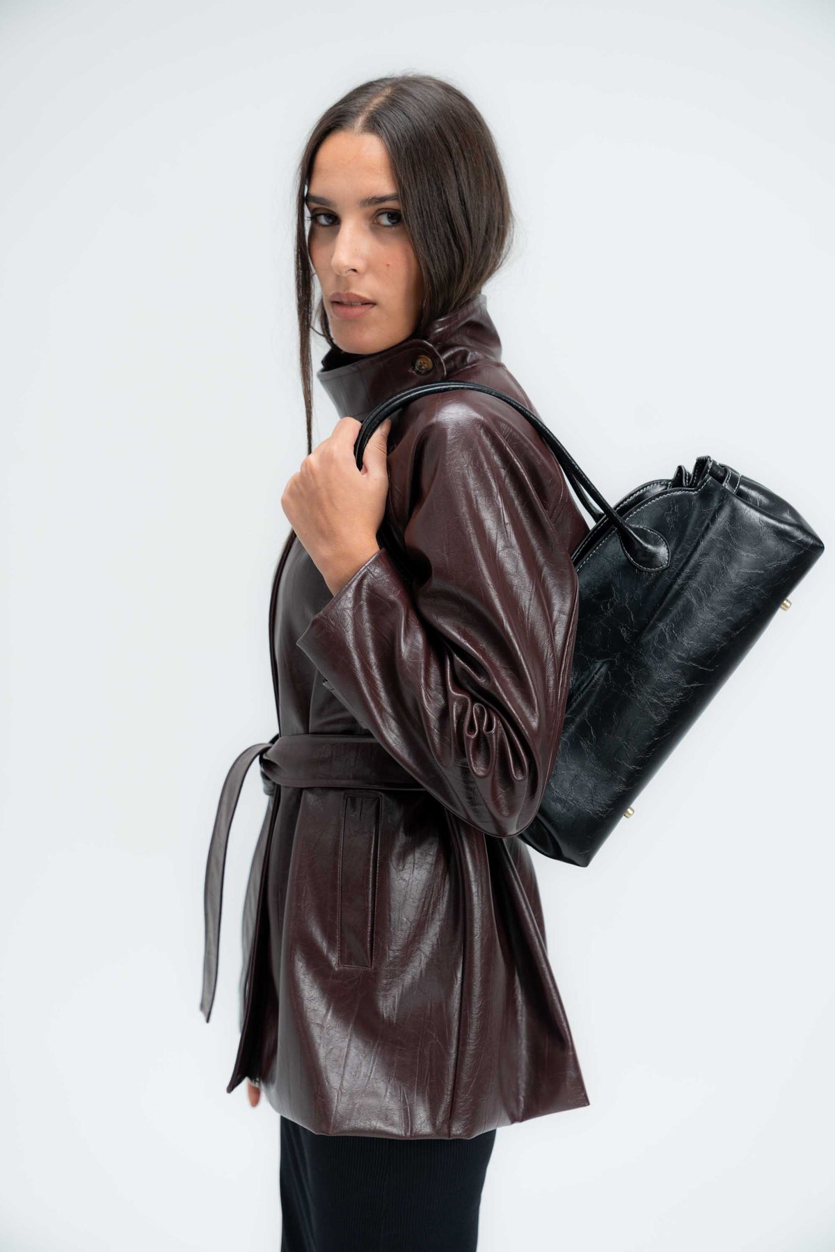 High-Collar Belted Short Leather Coat