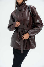 High-Collar Belted Short Leather Coat