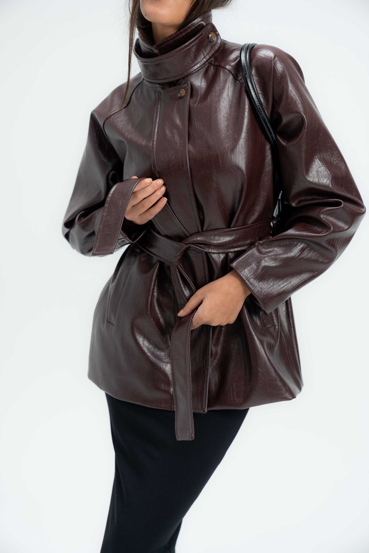 High-Collar Belted Short Leather Coat