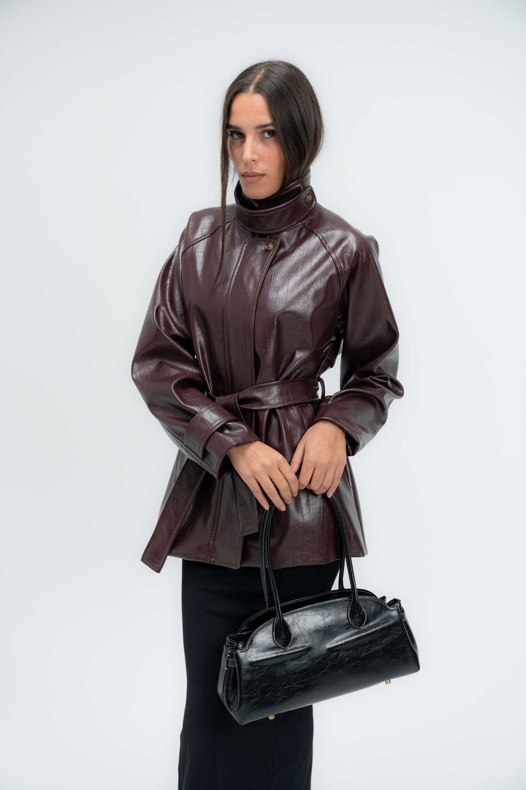 High-Collar Belted Short Leather Coat