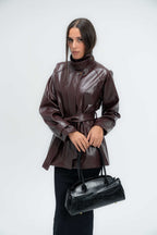 High-Collar Belted Short Leather Coat