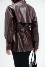 High-Collar Belted Short Leather Coat