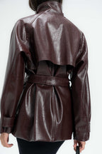 High-Collar Belted Short Leather Coat