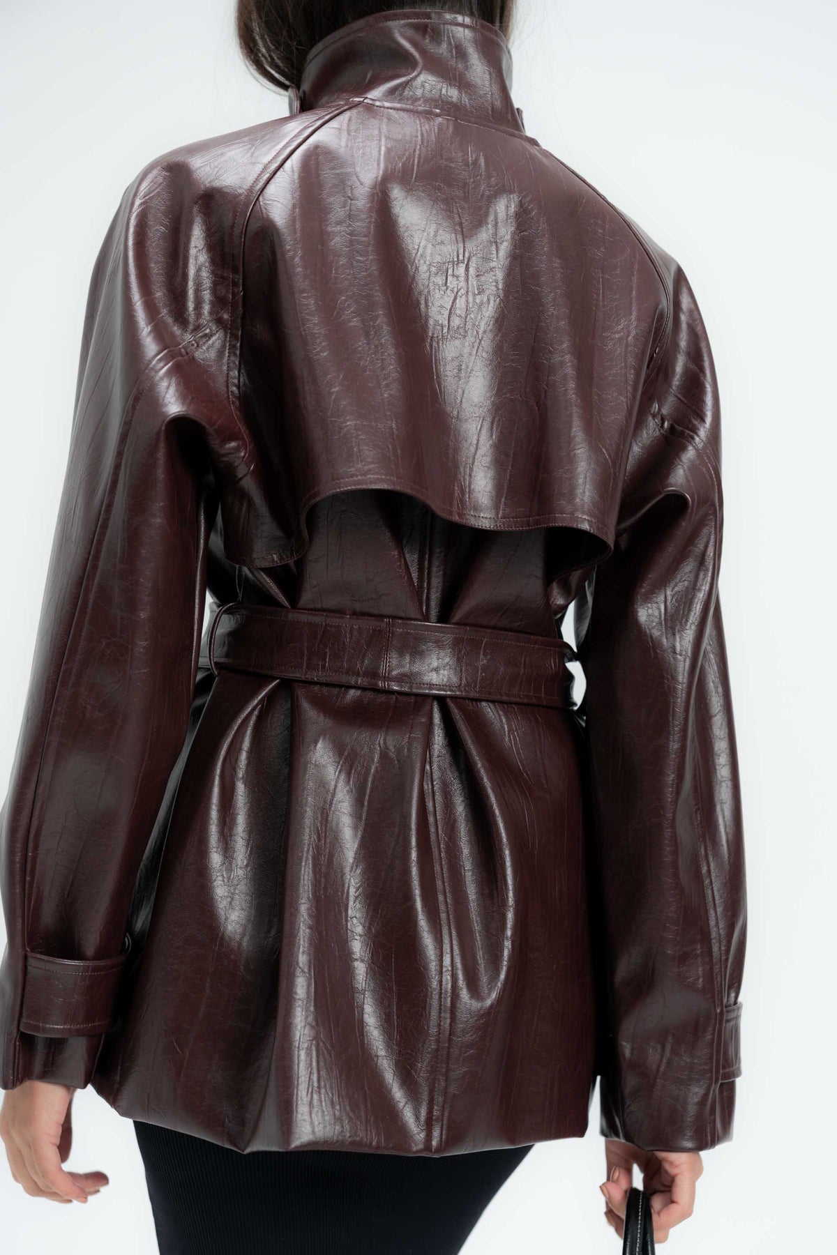 High-Collar Belted Short Leather Coat