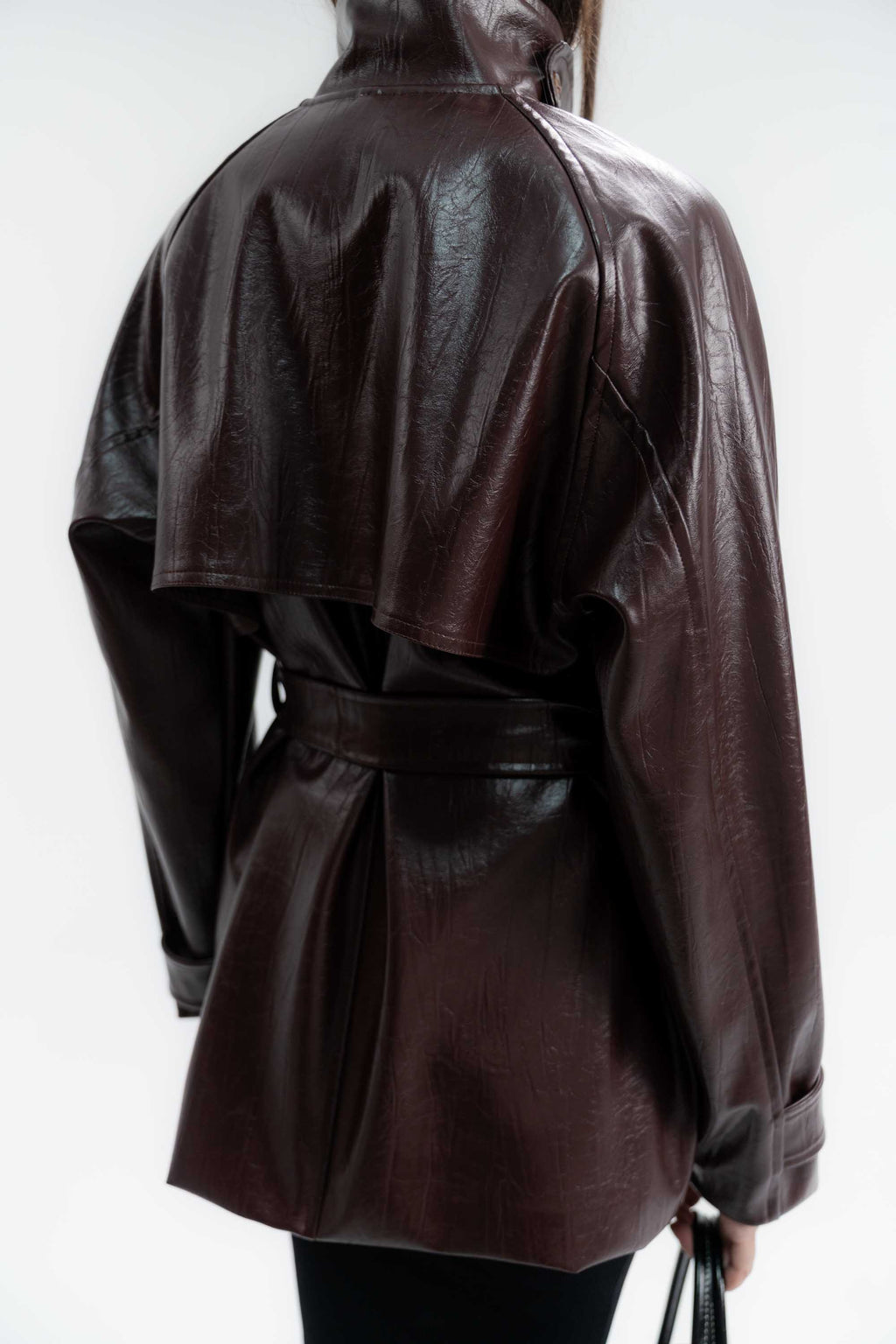 High-Collar Belted Short Leather Coat