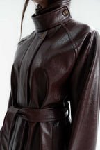 High-Collar Belted Short Leather Coat