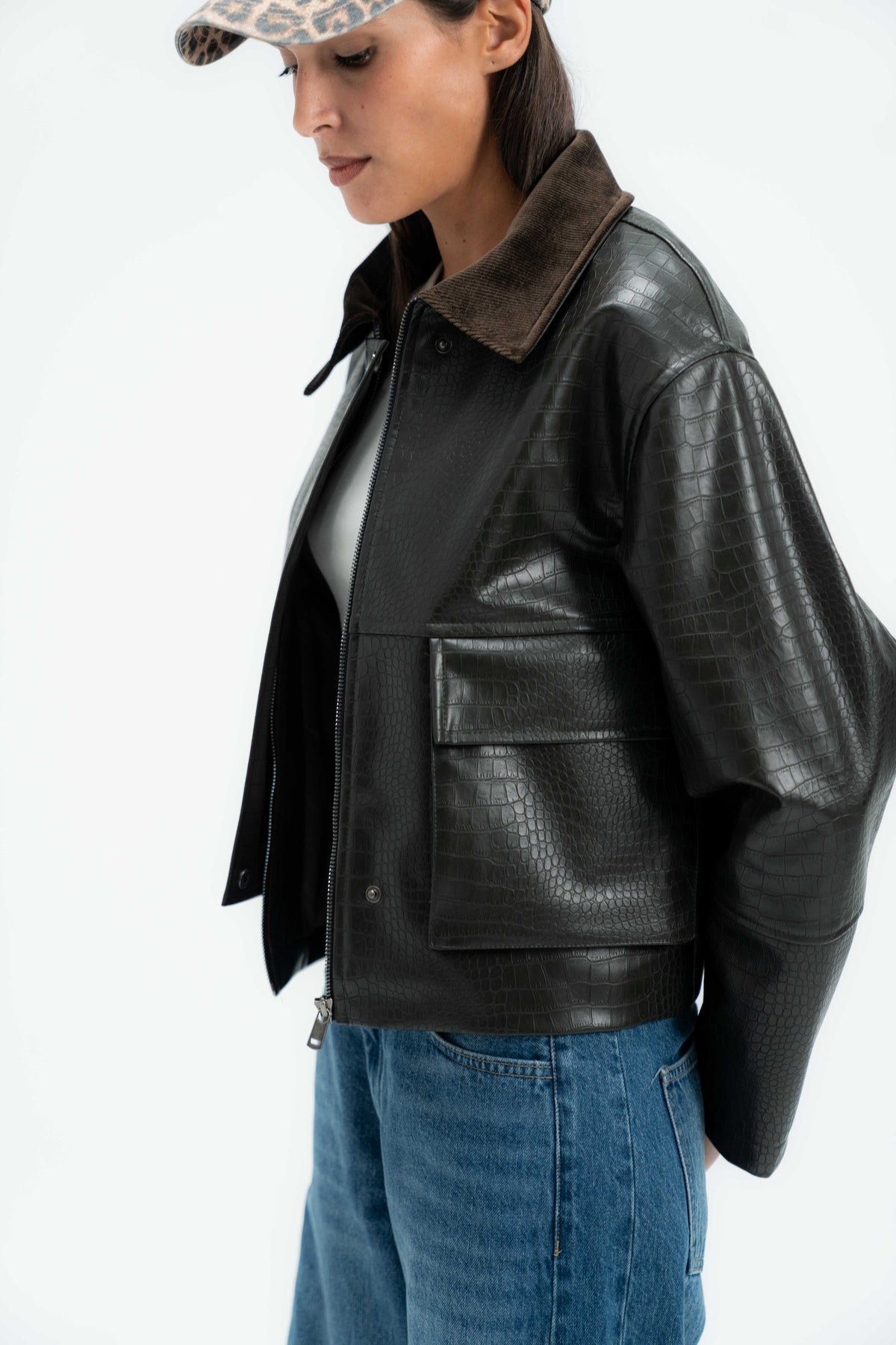 Croc Leather Jacket with Corduroy Collar