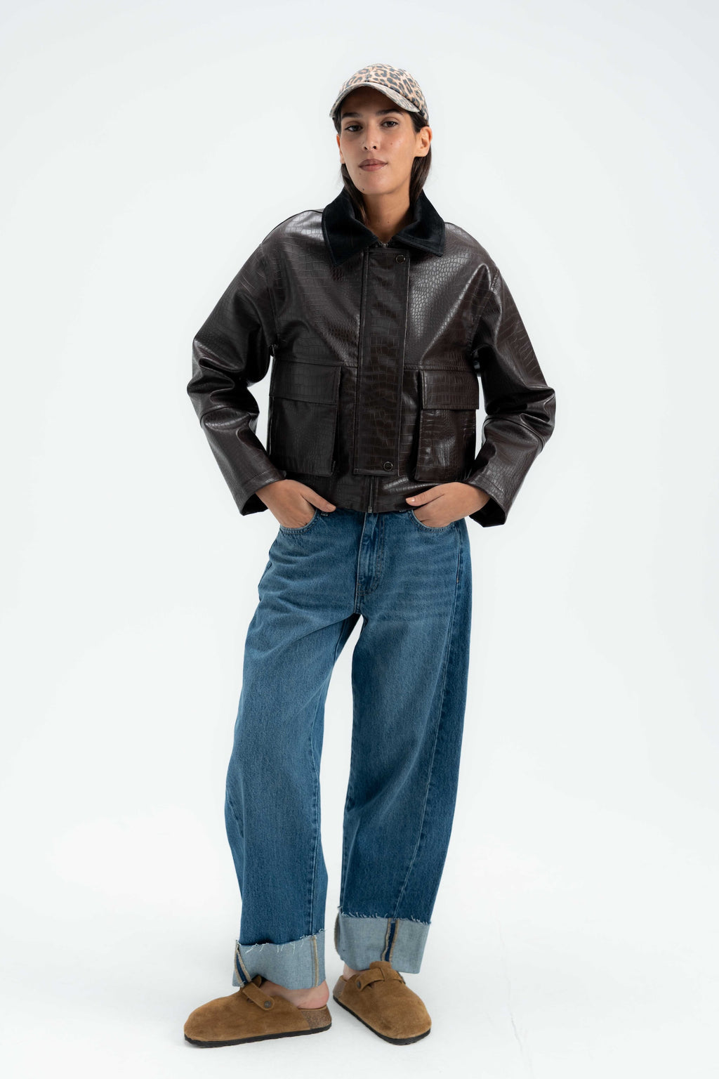 Croc Leather Jacket with Corduroy Collar