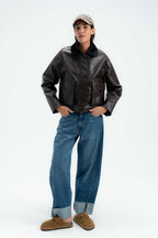Croc Leather Jacket with Corduroy Collar