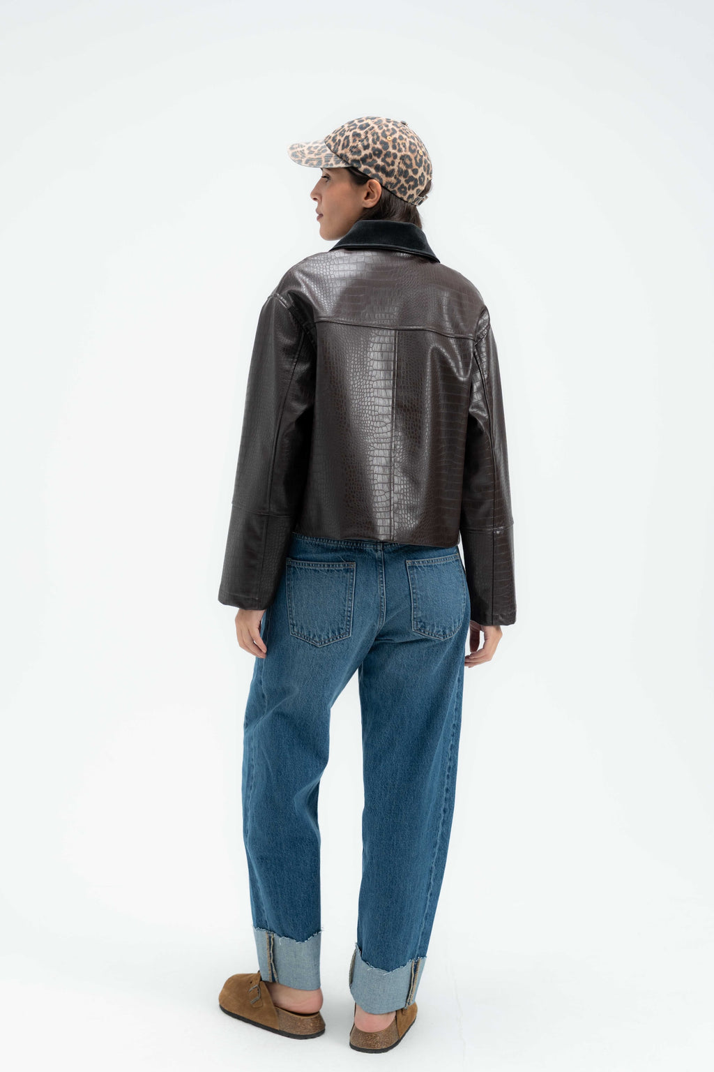 Croc Leather Jacket with Corduroy Collar