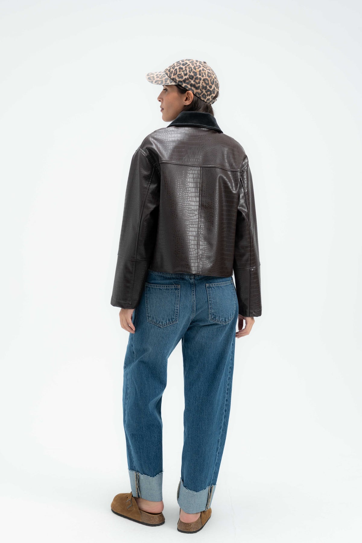 Croc Leather Jacket with Corduroy Collar