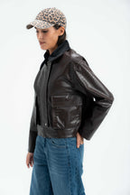 Croc Leather Jacket with Corduroy Collar