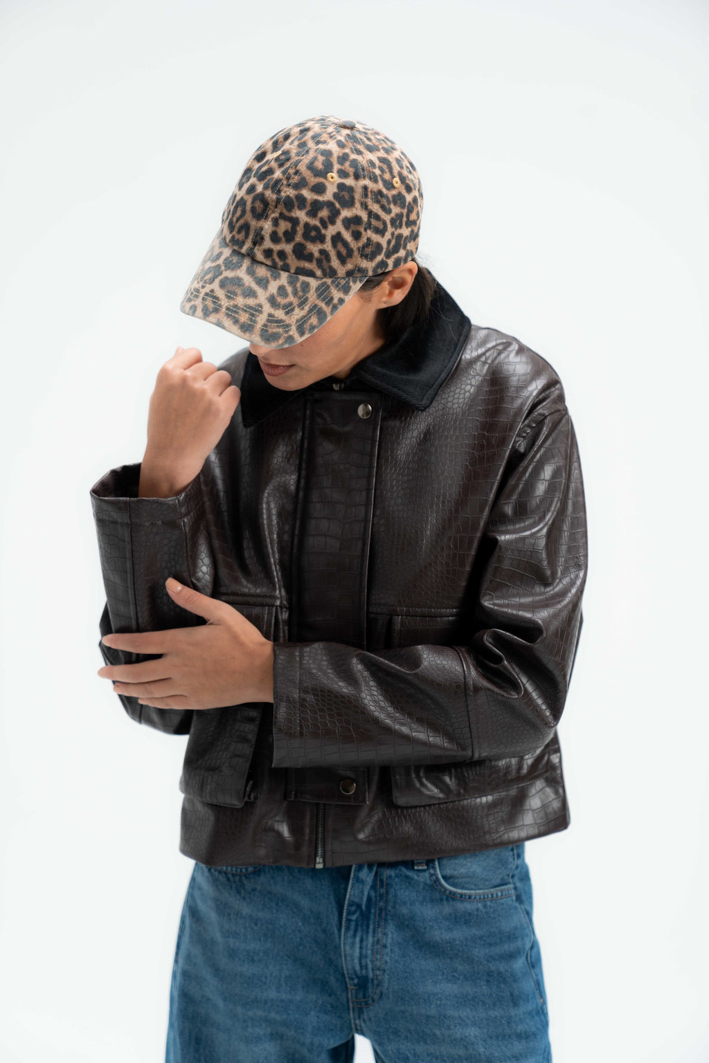 Croc Leather Jacket with Corduroy Collar