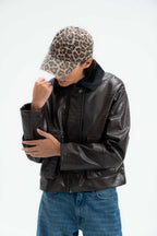 Croc Leather Jacket with Corduroy Collar