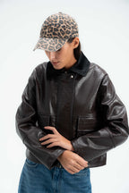 Croc Leather Jacket with Corduroy Collar