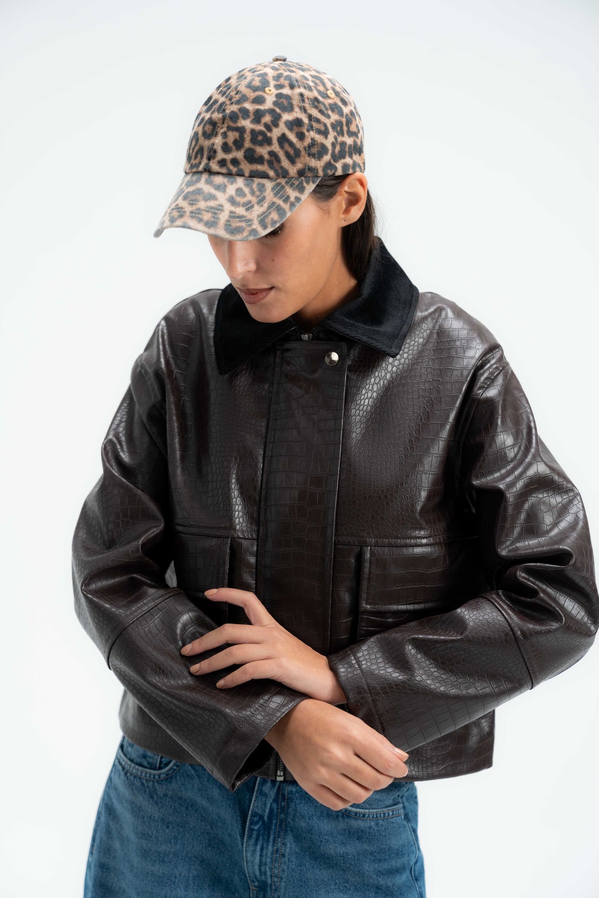 Croc Leather Jacket with Corduroy Collar